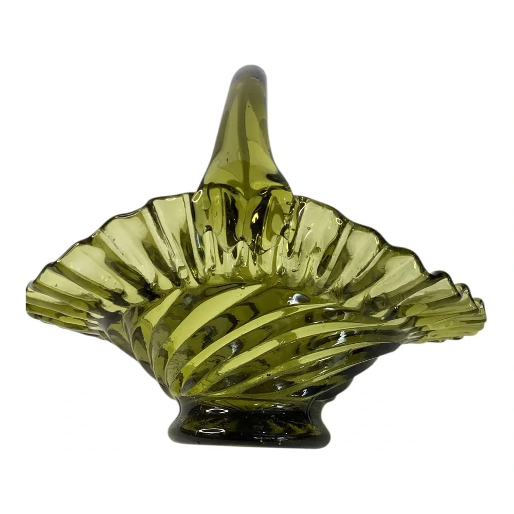 Vintage Fenton Green Glass Candy Dish Bridal Basket Crimped Ruffle Ruffled Edge